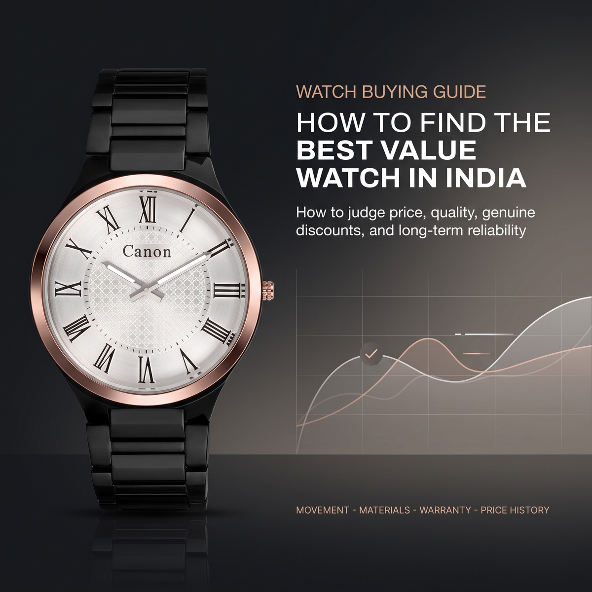 Black and rose gold Canon Quartz watch with Roman numeral dial featured in a best value watch buying guide for India.