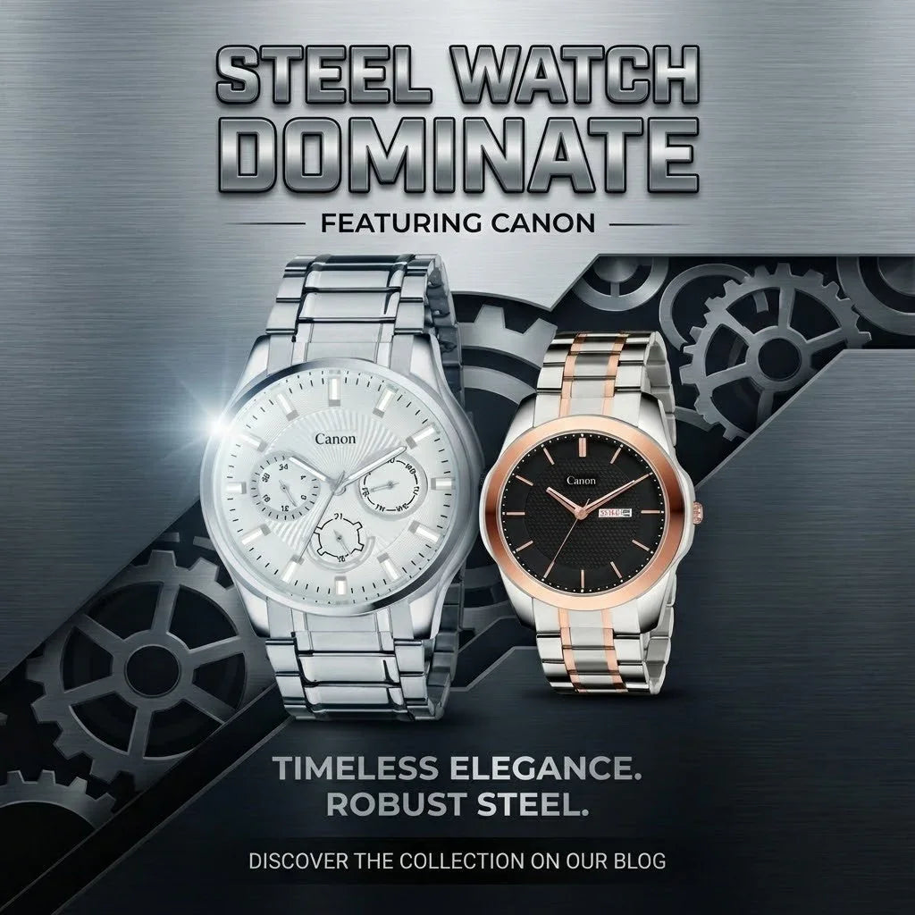 Two steel analog wristwatches with metallic bands, showcased on a modern gear background.