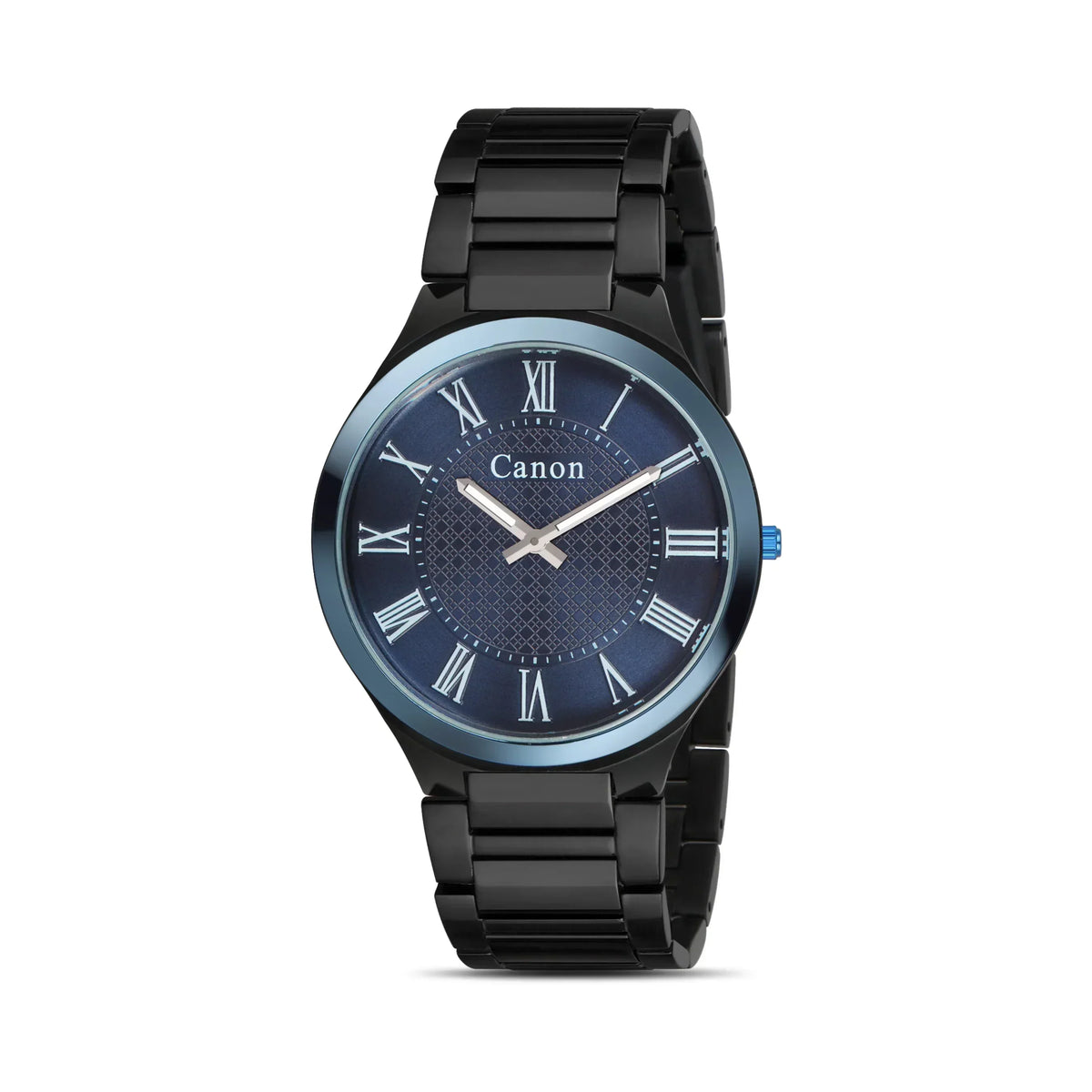 Canon analog watch with black metal band, blue dial, Roman numerals, and blue crown