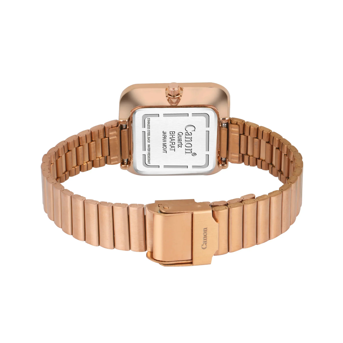 Rose gold analog watch with square case and metal link band, back view