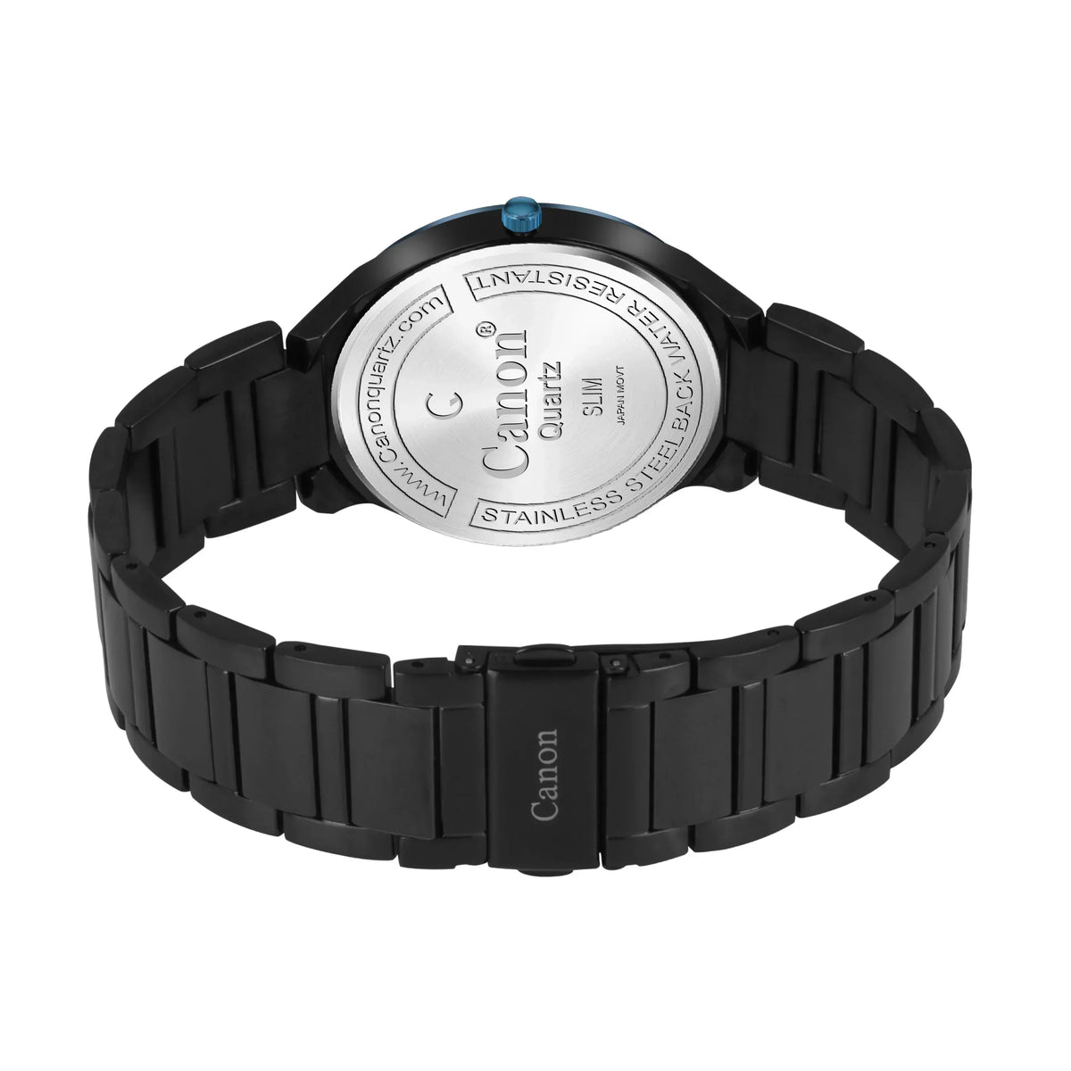 Canon Quartz slim watch with black stainless steel band and water-resistant back, Japan movement