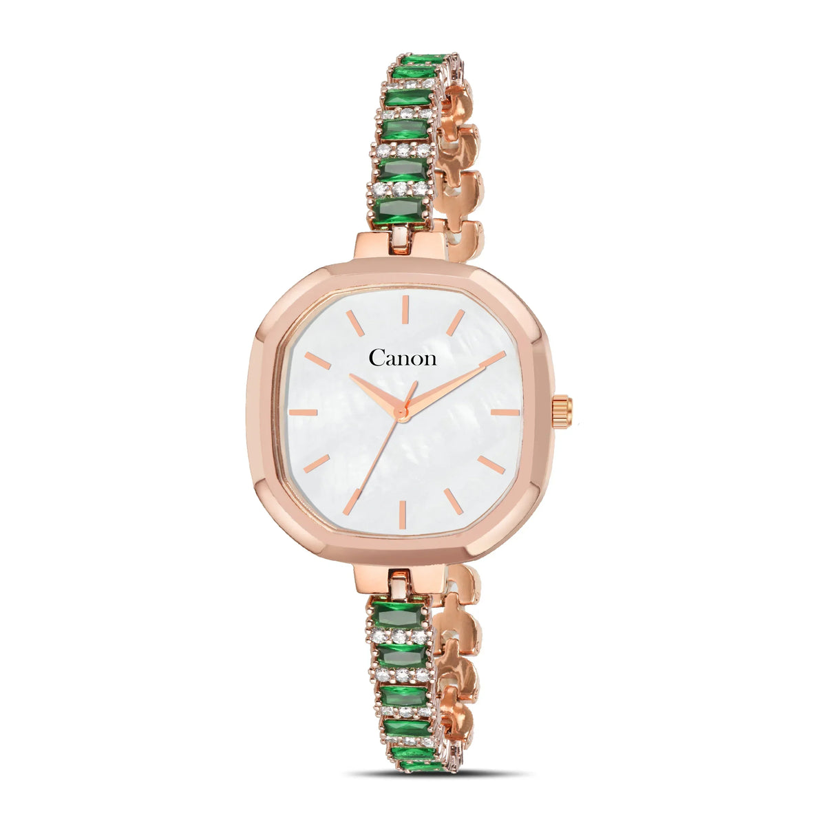 Rose gold analog women's watch with green and crystal accented bracelet, white dial