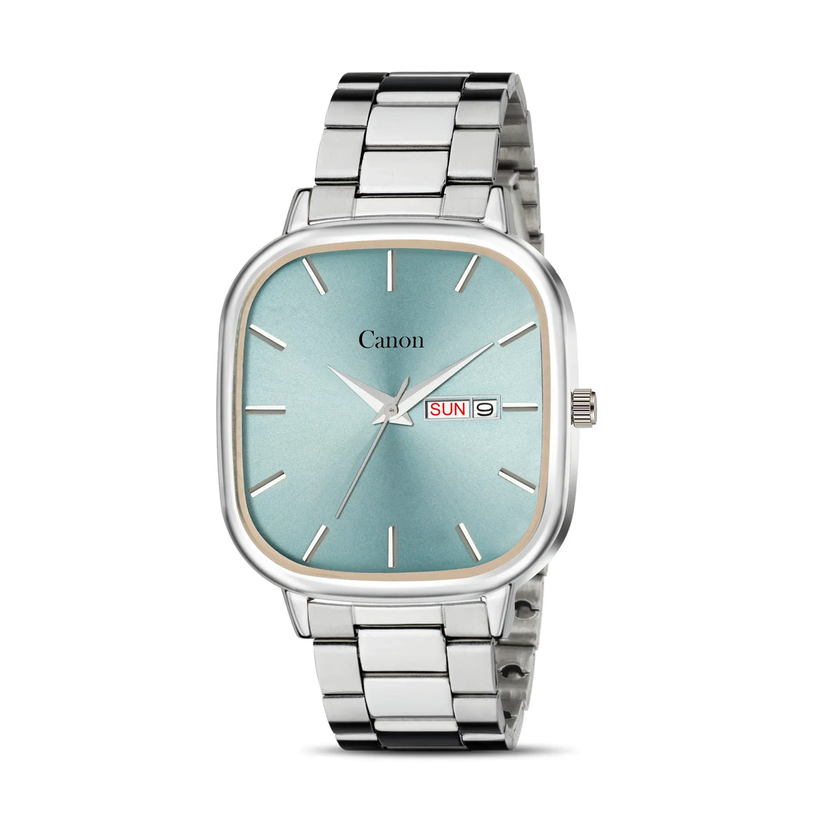 Men's analog quartz watch with silver metal band, square blue dial, day and date display