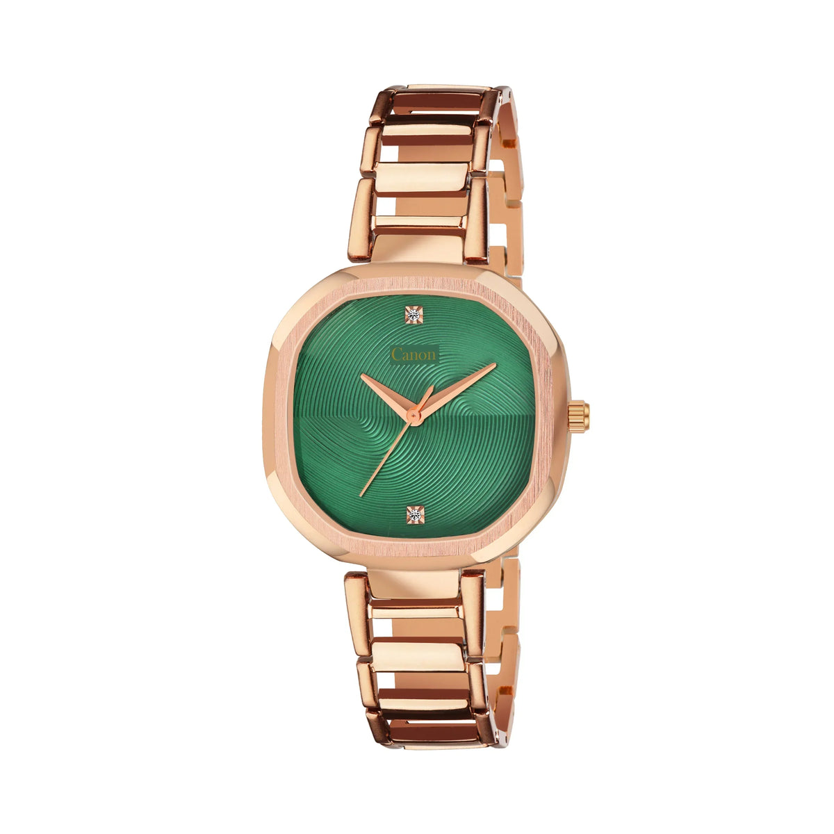Rose gold analog watch with green dial and crystal hour markers, elegant women's wristwatch
