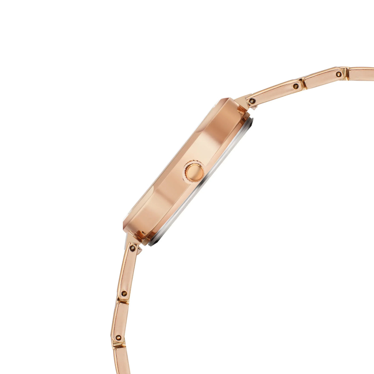 Side view of a rose gold analog watch with a slim metal link band