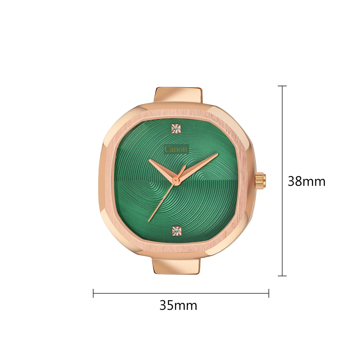 Rose gold analog watch with green textured dial, 38mm by 35mm, minimal design