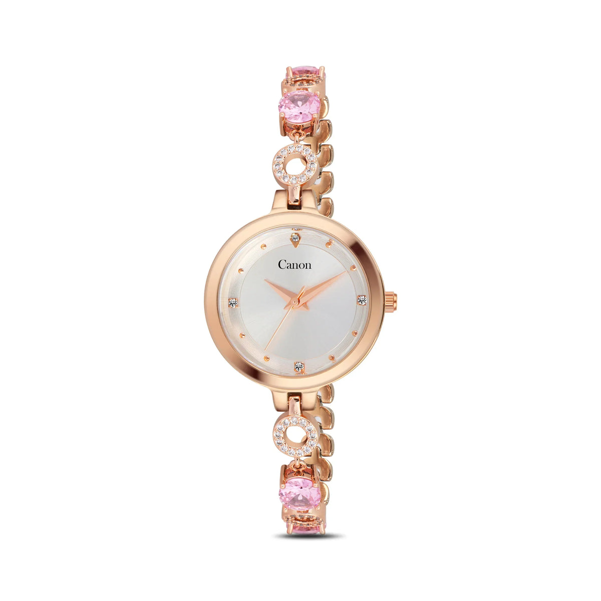 Rose gold analog women's watch with white dial, pink stones, and crystal accents