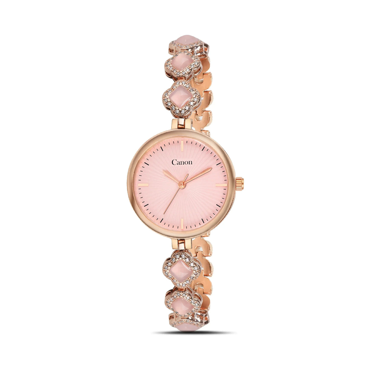 Elegant women’s rose gold analog watch with pink face and decorative crystal strap on white background