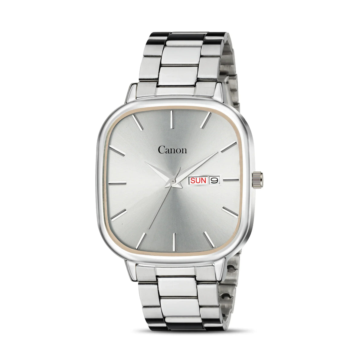 Silver analog wristwatch with square dial, date and day display, and stainless steel band