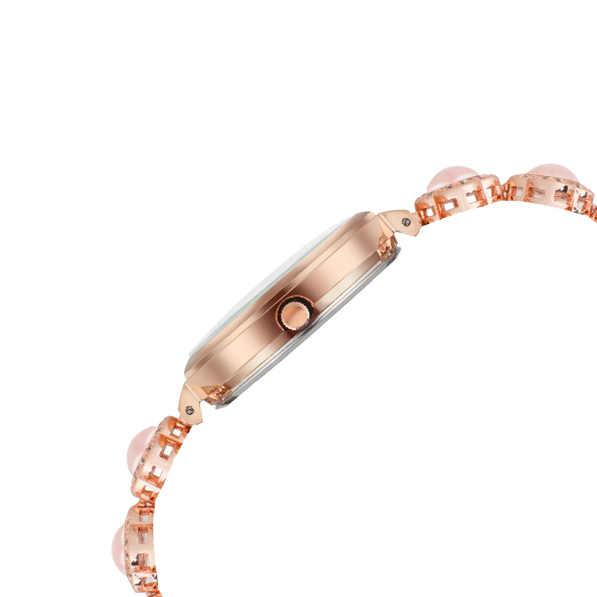 Side view of a rose gold analog women's watch with pink gemstone links and a slim case.