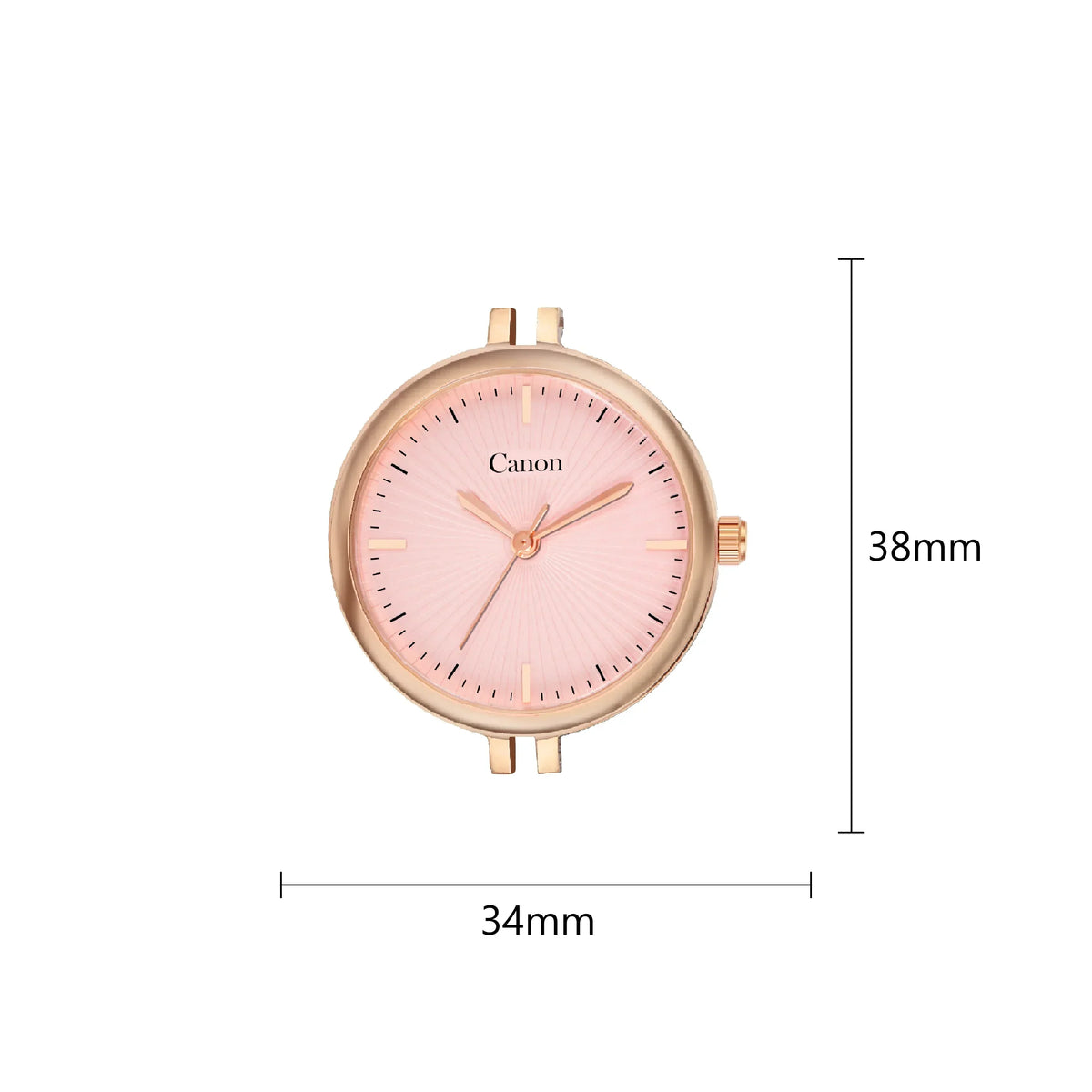 Rose gold analog watch face with pink dial, minimalist design, 34mm by 38mm dimensions
