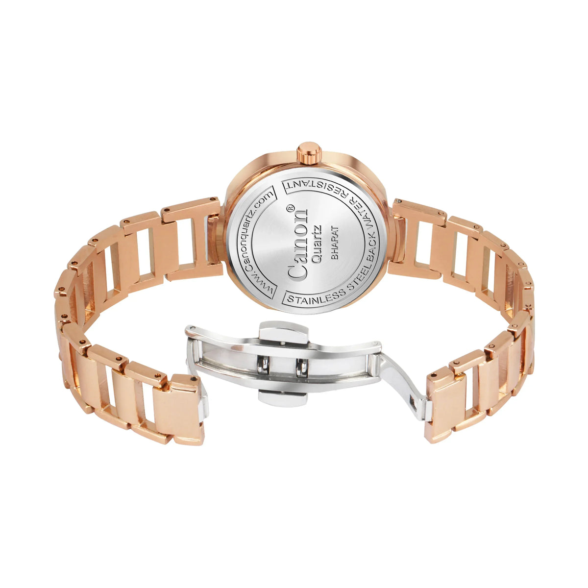 Rose gold analog watch with stainless steel back and open deployment clasp