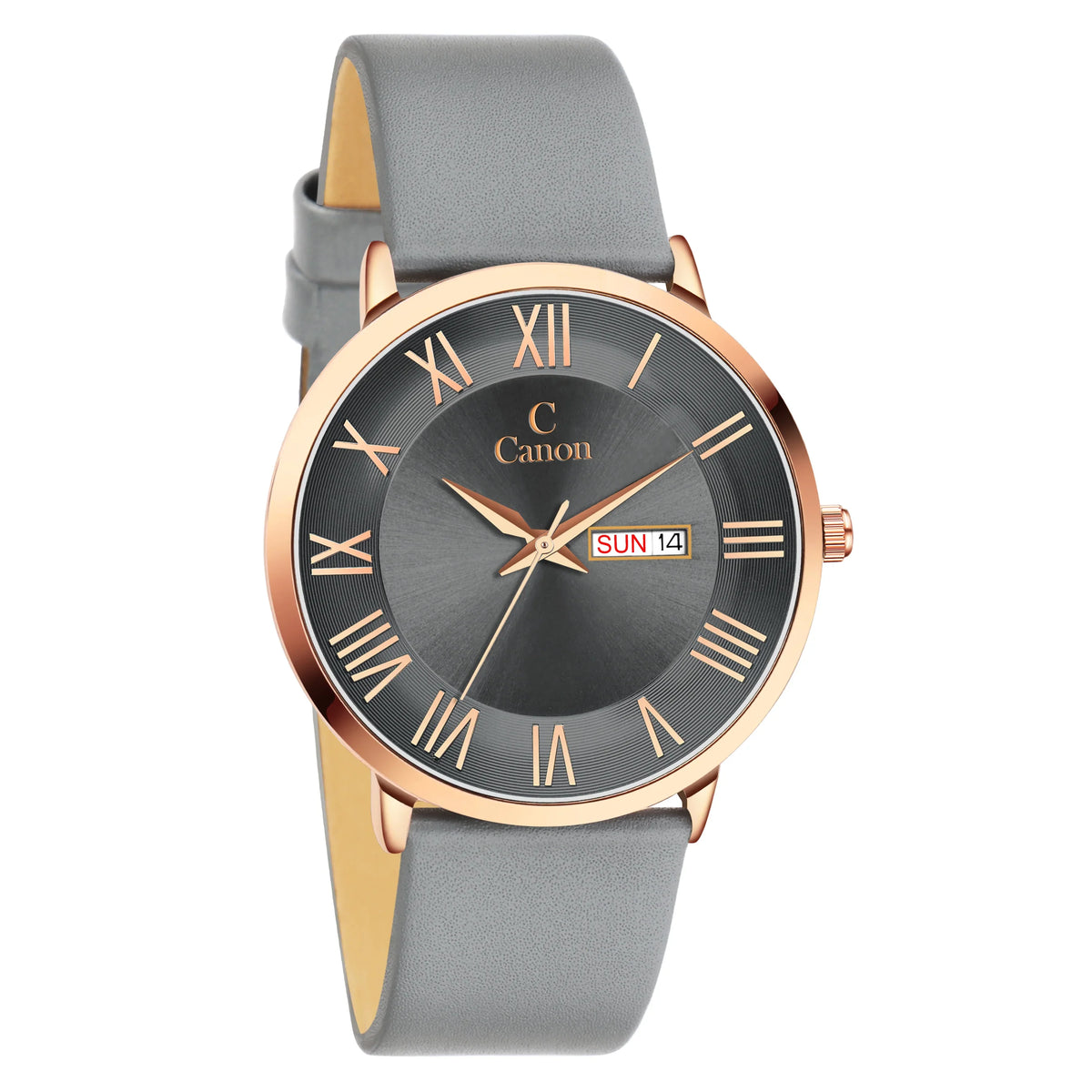 Gray analog wrist watch with rose gold case, Roman numerals, and day-date display