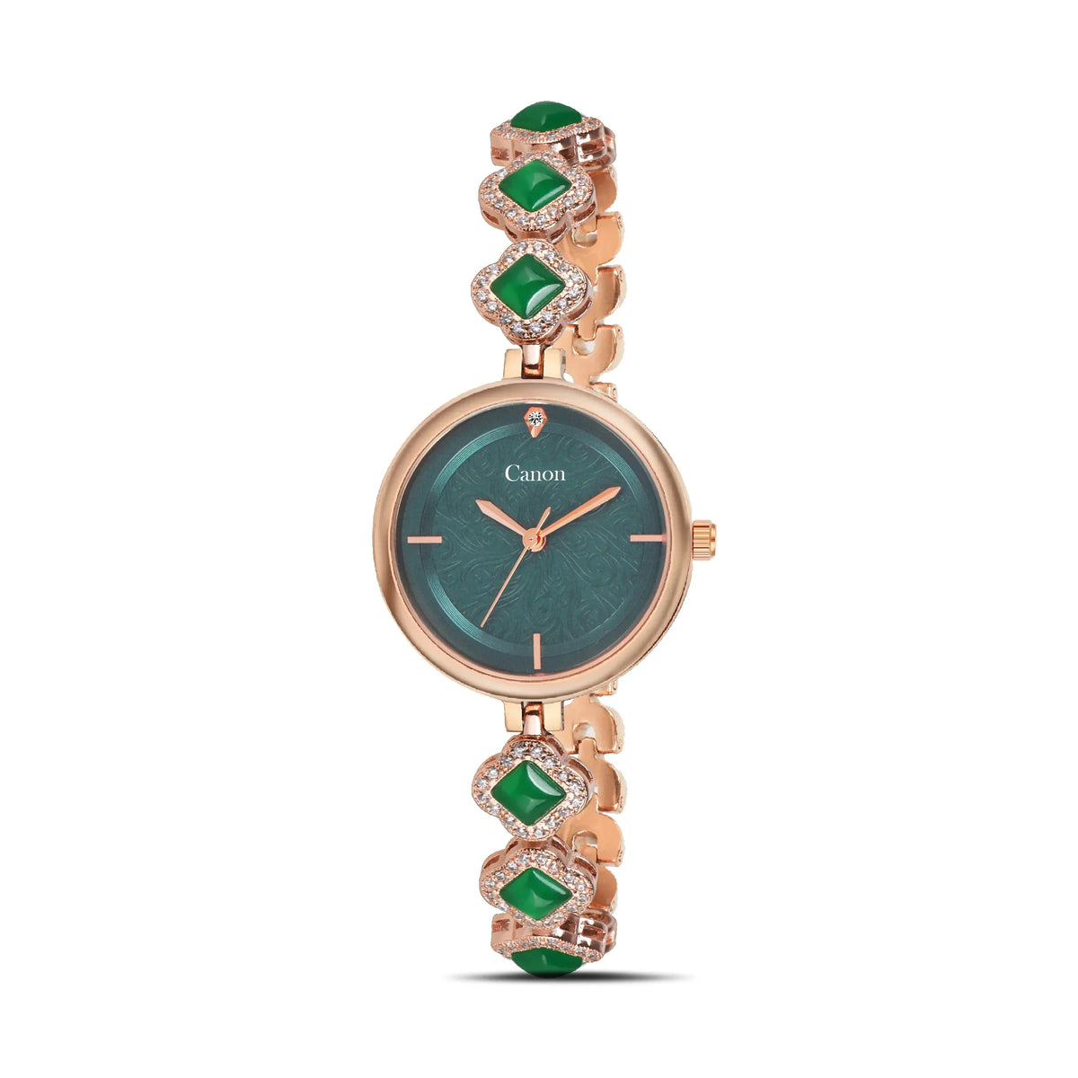 Rose gold ladies analog watch with emerald green accents and textured green dial