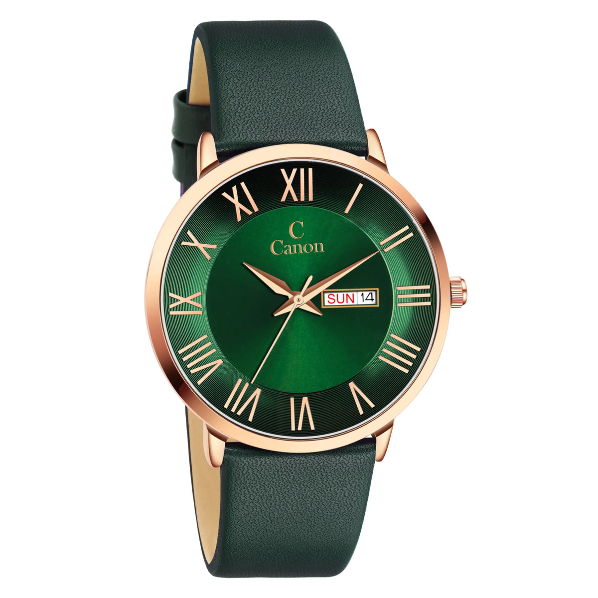 Green analog watch with gold Roman numerals, date display, and leather strap