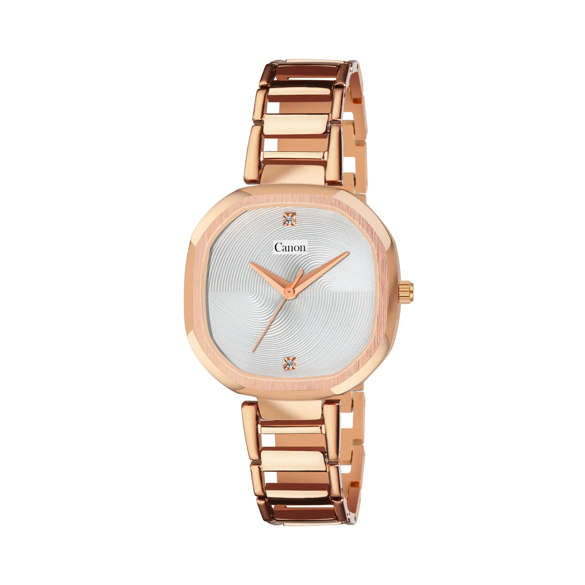 Rose gold analog watch with square face and metal link bracelet on white background