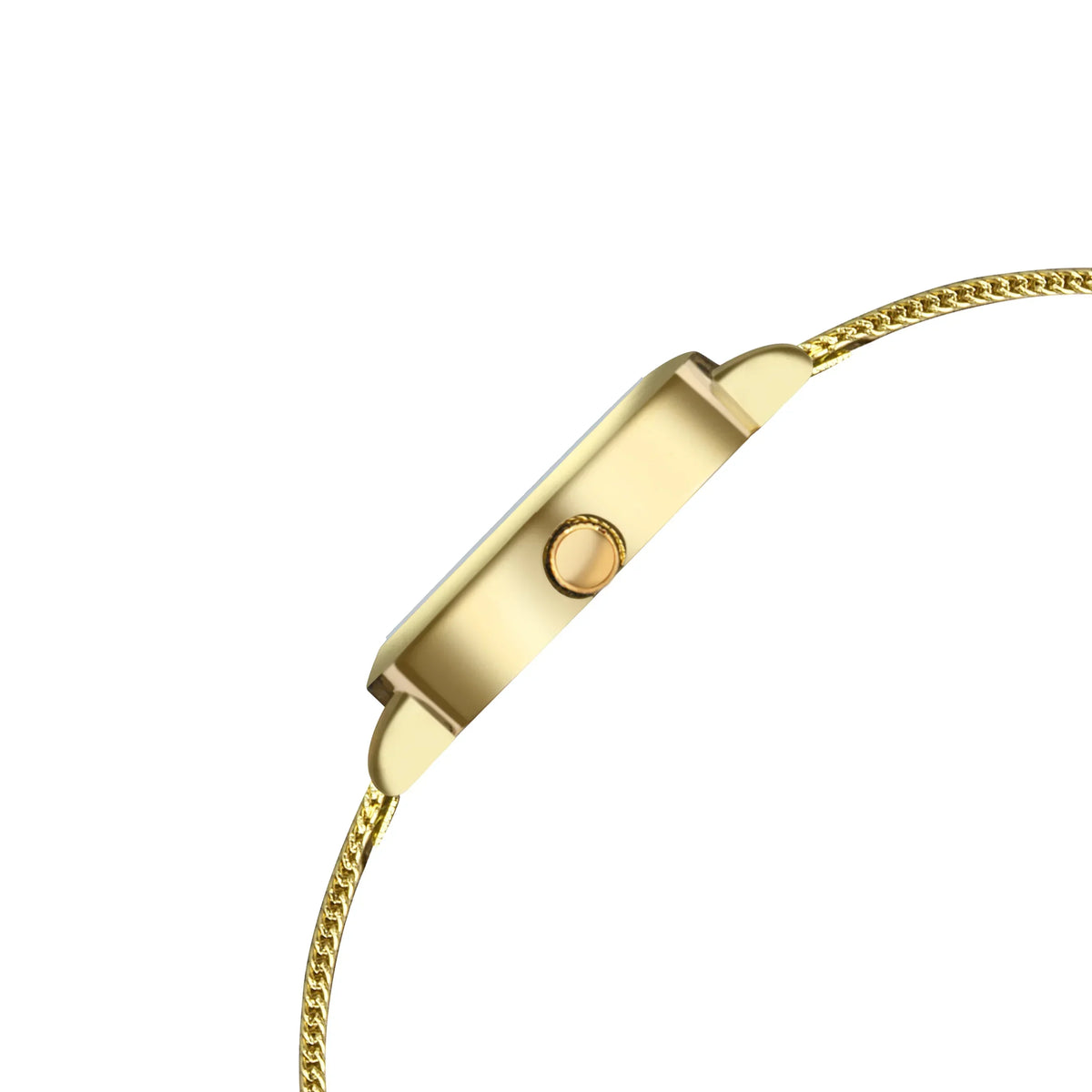Side view of slim gold analog watch with mesh band on white background