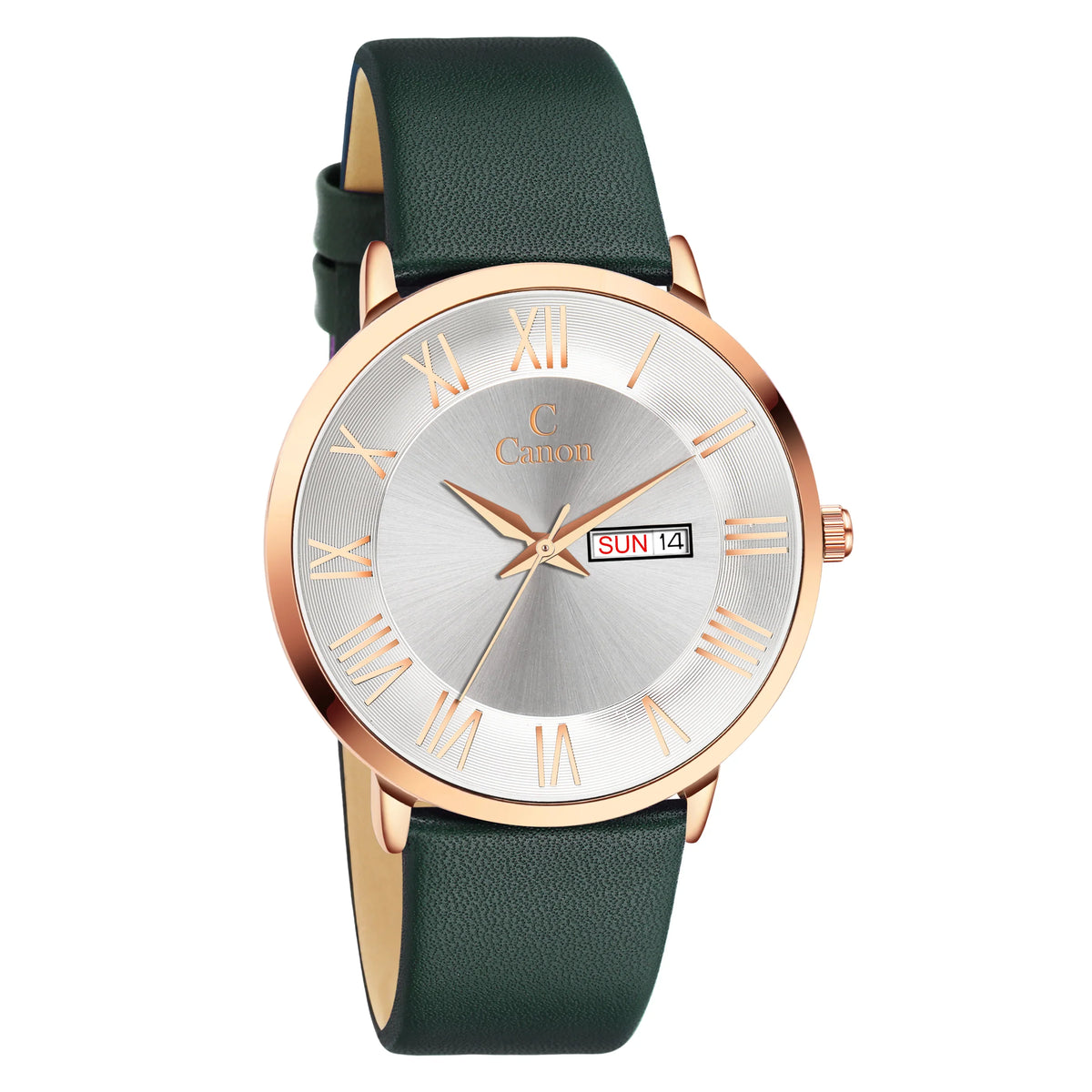 Gold analog watch with green leather strap, silver Roman numeral dial, and day-date display
