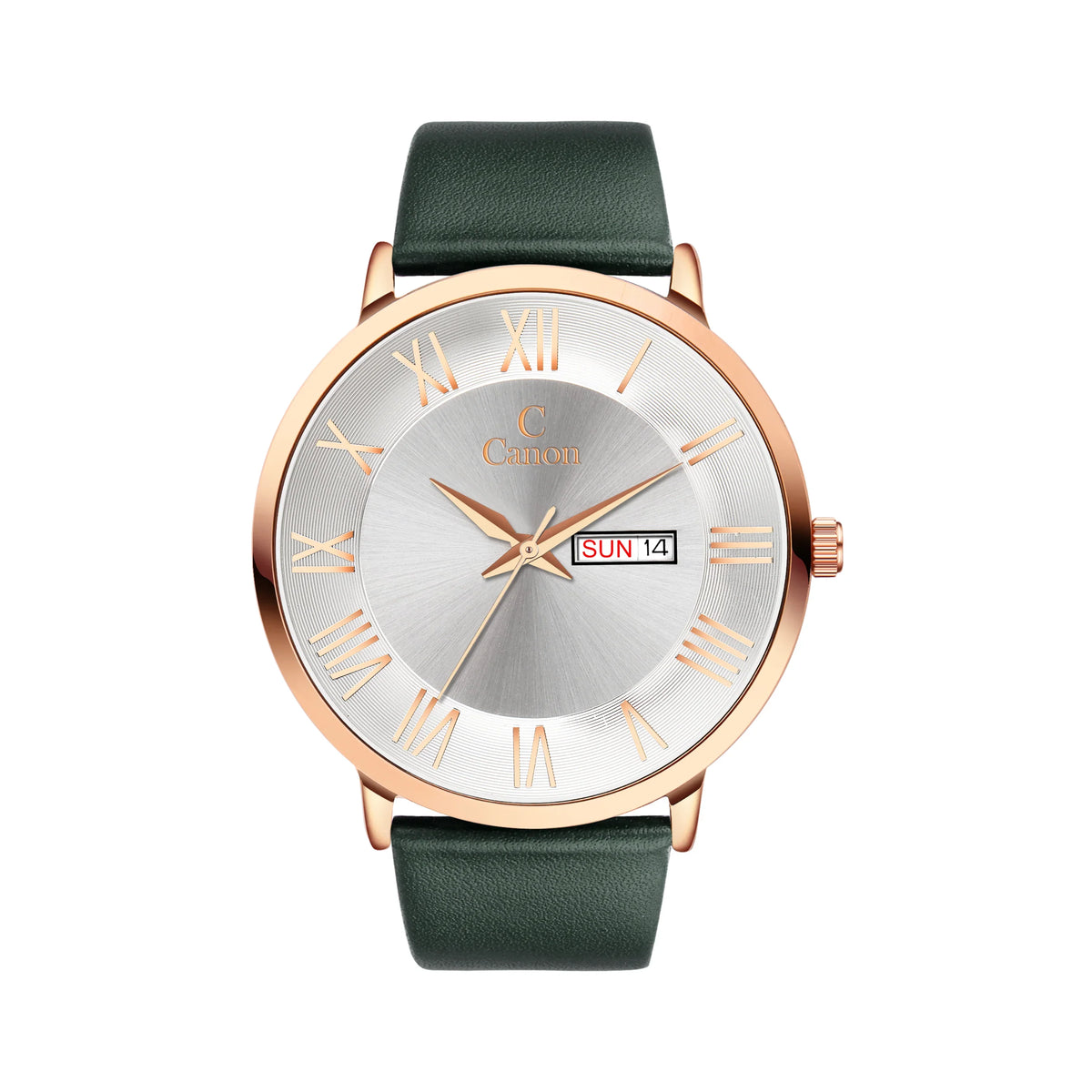Elegant analog wristwatch with gold case, sunray silver dial, Roman numerals, date display, and black leather strap