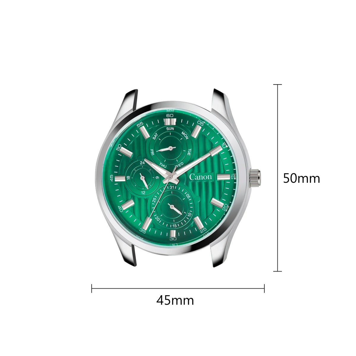 Analog quartz watch with green dial, silver case, chronograph subdials, 45mm by 50mm size