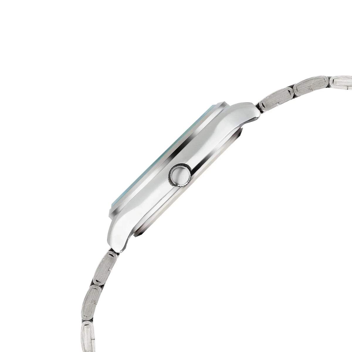 Slim silver analog watch side view with stainless steel strap on white background