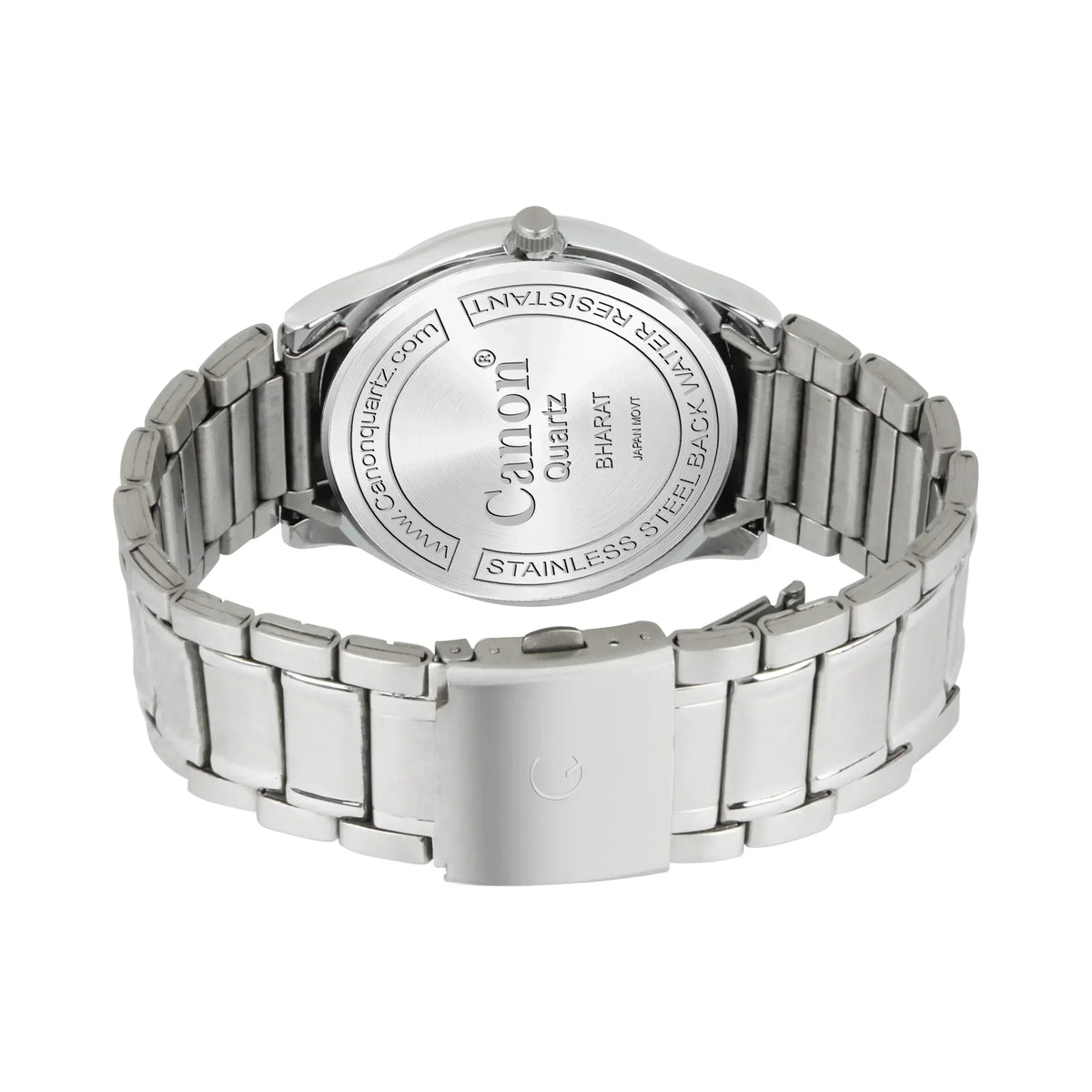 Stainless steel analog watch with visible case back and metal link band, silver finish.