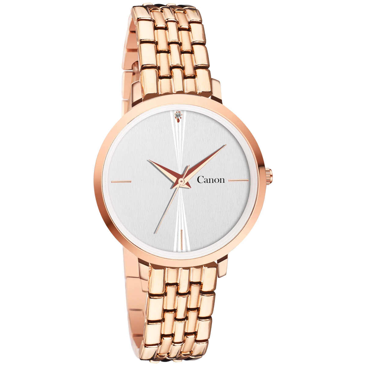 Elegant rose gold wristwatch with white textured dial and Canon logo