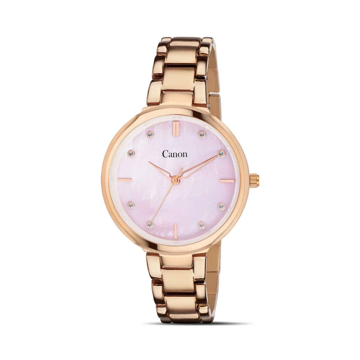 Rose gold analog wristwatch with pink mother-of-pearl dial and crystal hour markers