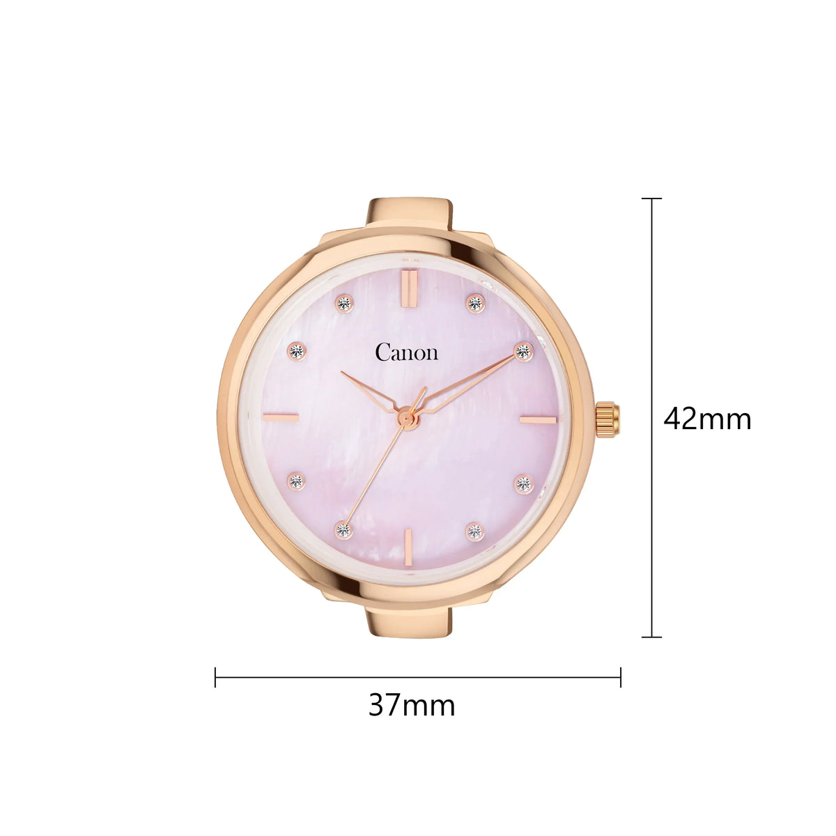 Rose gold analog watch with pink mother-of-pearl dial, crystal markers, 42mm by 37mm size