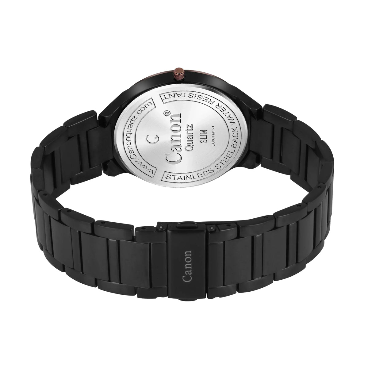 Canon Quartz watch back view, stainless steel case, water resistant, slim design, black metal band