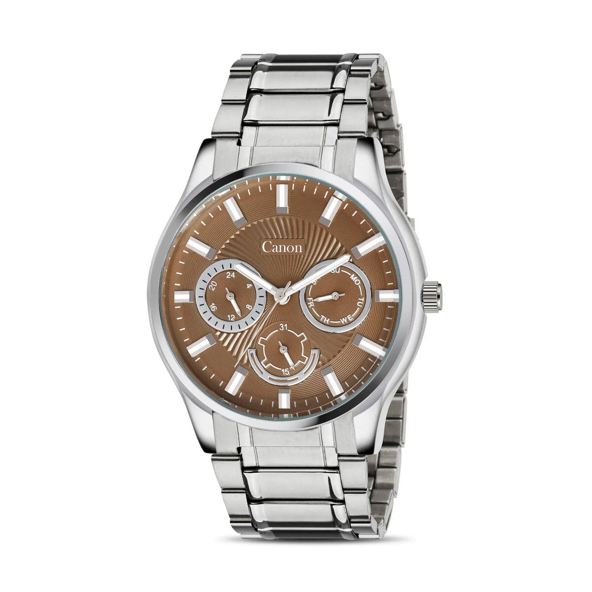 Stainless steel analog watch with brown dial, silver markers, and multiple subdials