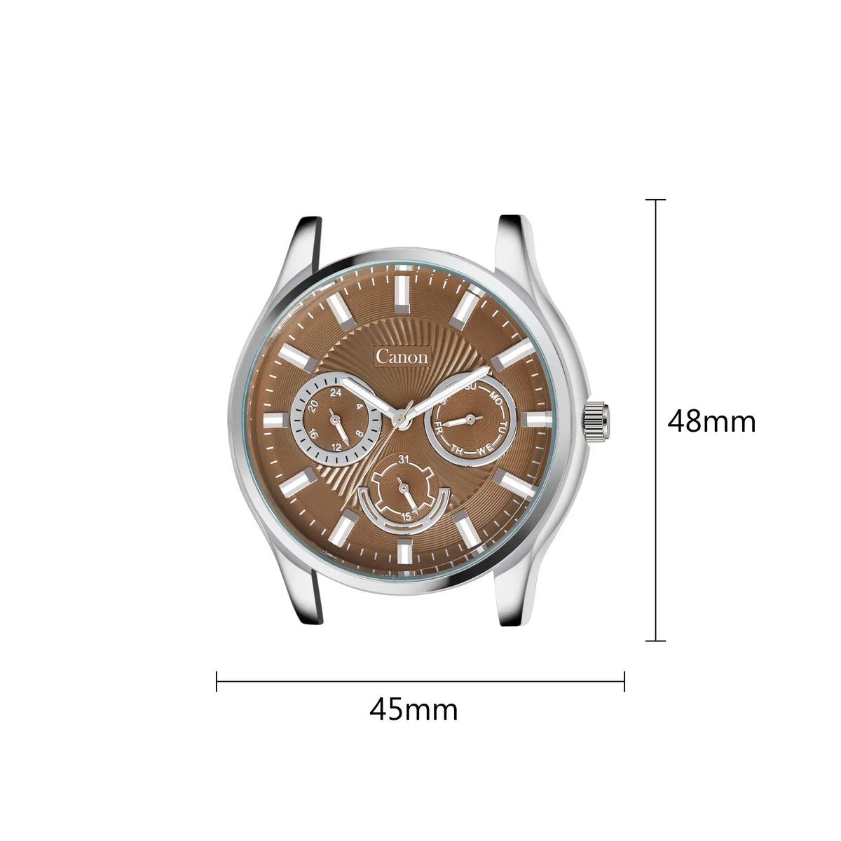 Brown analog watch face with three subdials, silver case, 48mm by 45mm dimensions