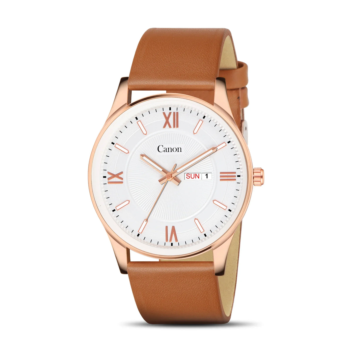 Analog watch with brown leather strap, white dial, rose gold case, and day-date display