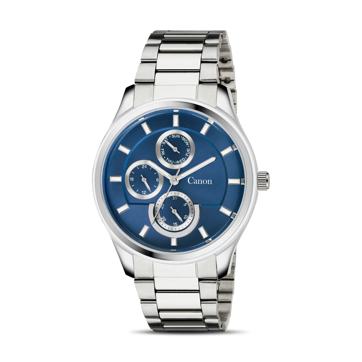 Stainless steel analog watch with blue dial, date and day subdials, men's fashion accessory