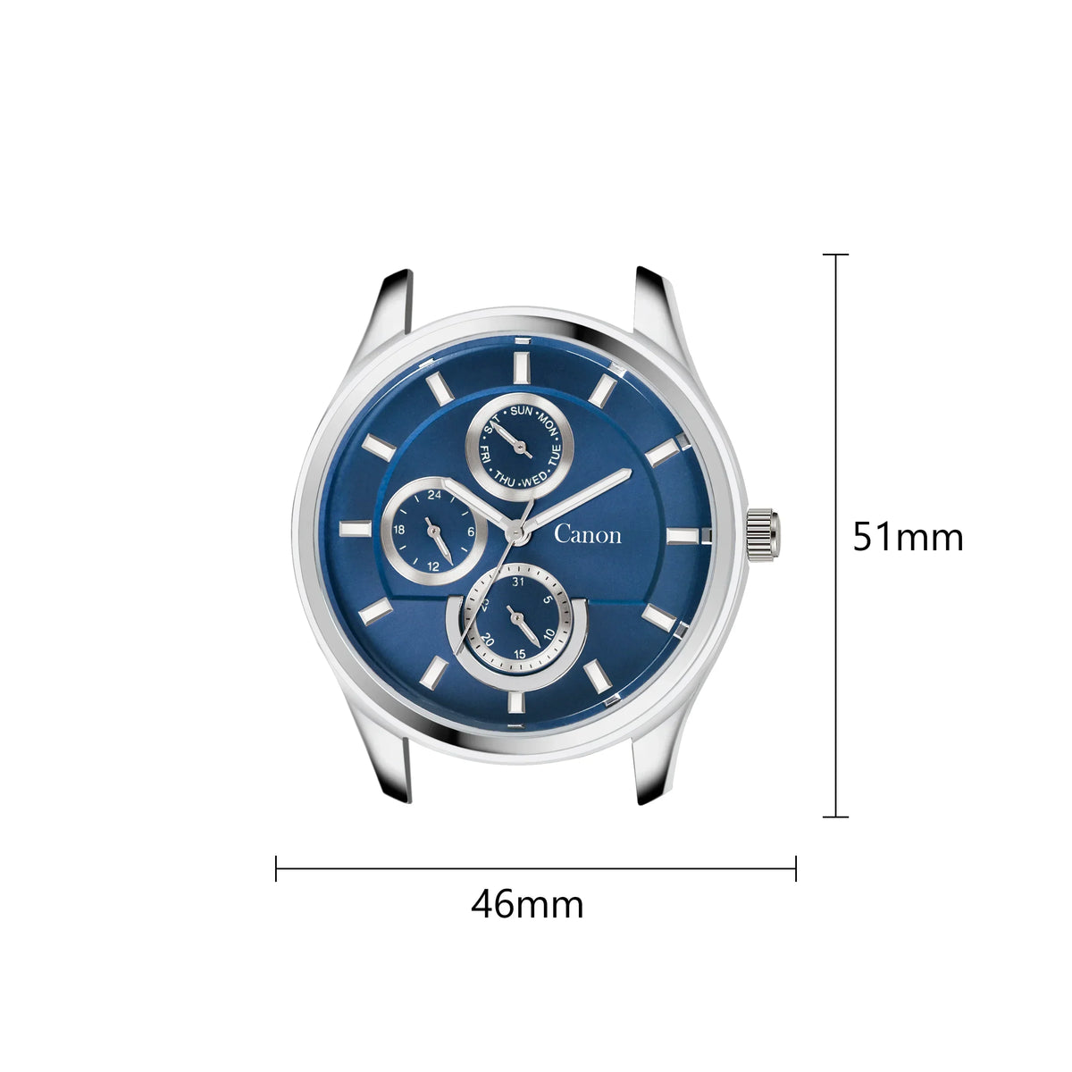 Blue analog watch face with silver markers, three subdials, and case size dimensions 46mm by 51mm
