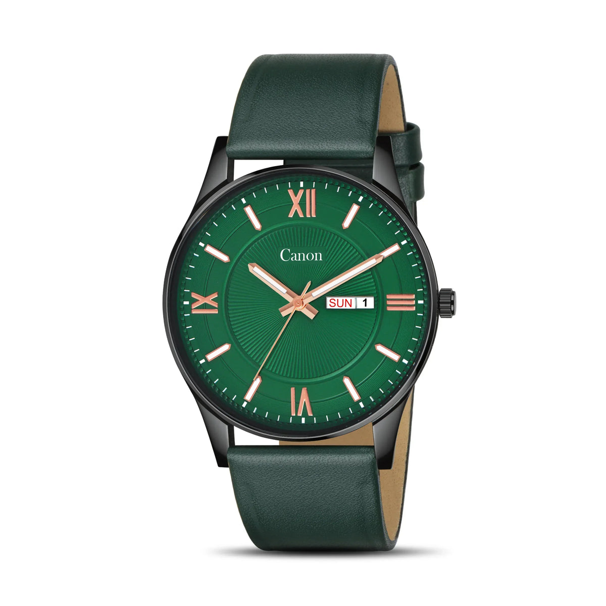Green analog wristwatch with gold Roman numerals, leather strap, and day-date display