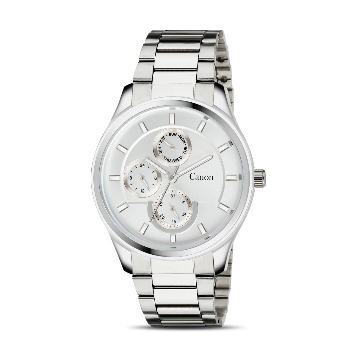 Men's silver analog wristwatch with subdials and a stainless steel band on white background