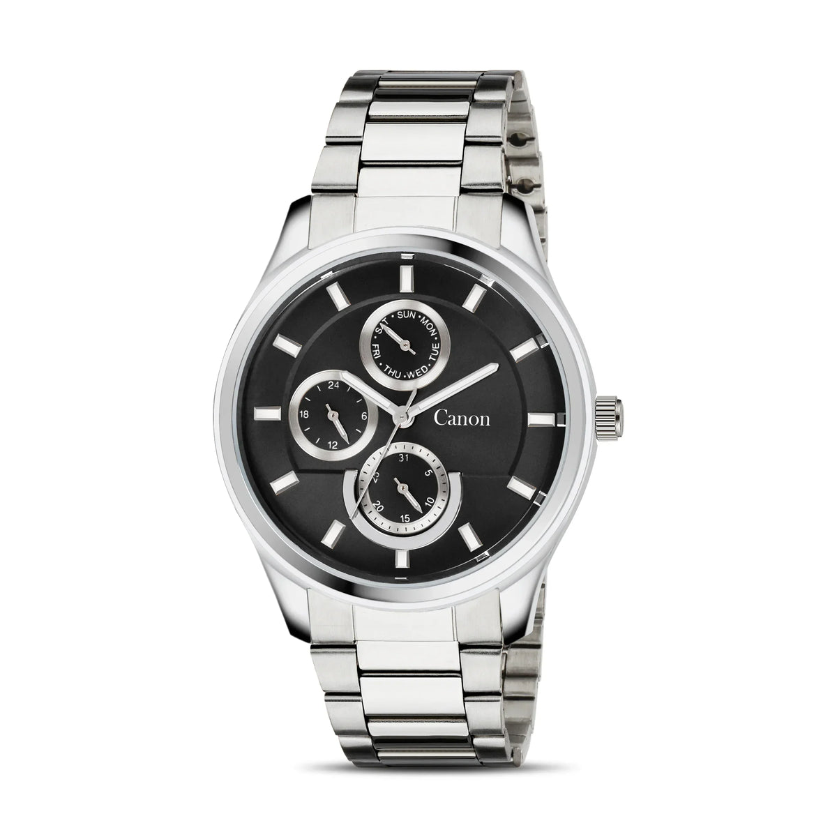 Stainless steel analog watch with black dial and multifunction subdials for men