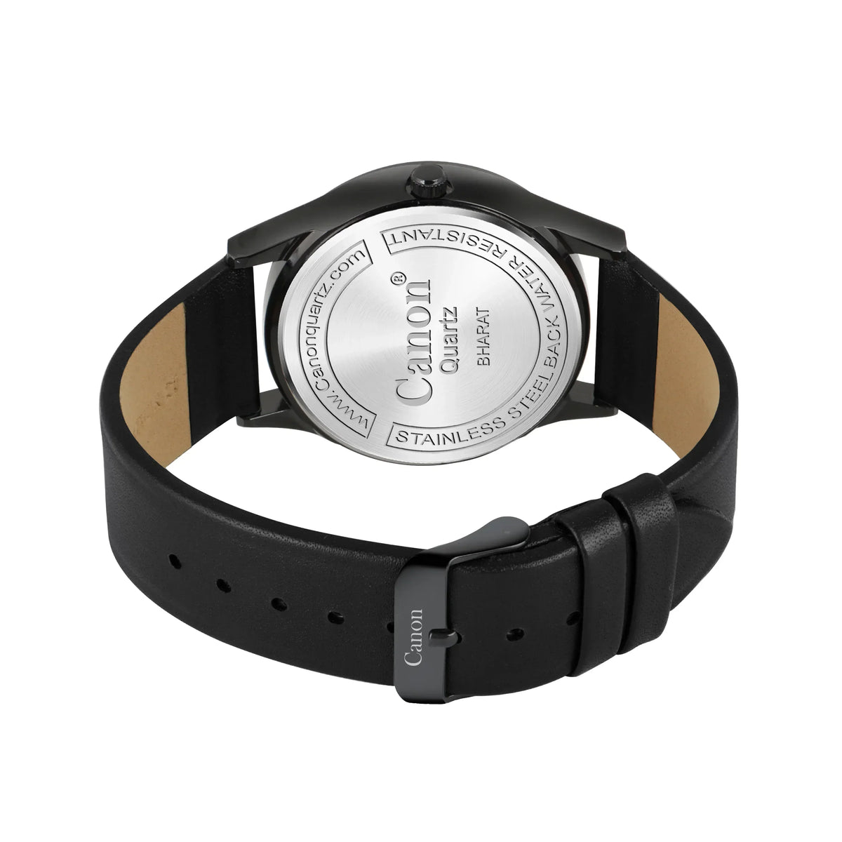 Back view of analog quartz watch with black leather strap and stainless steel caseback