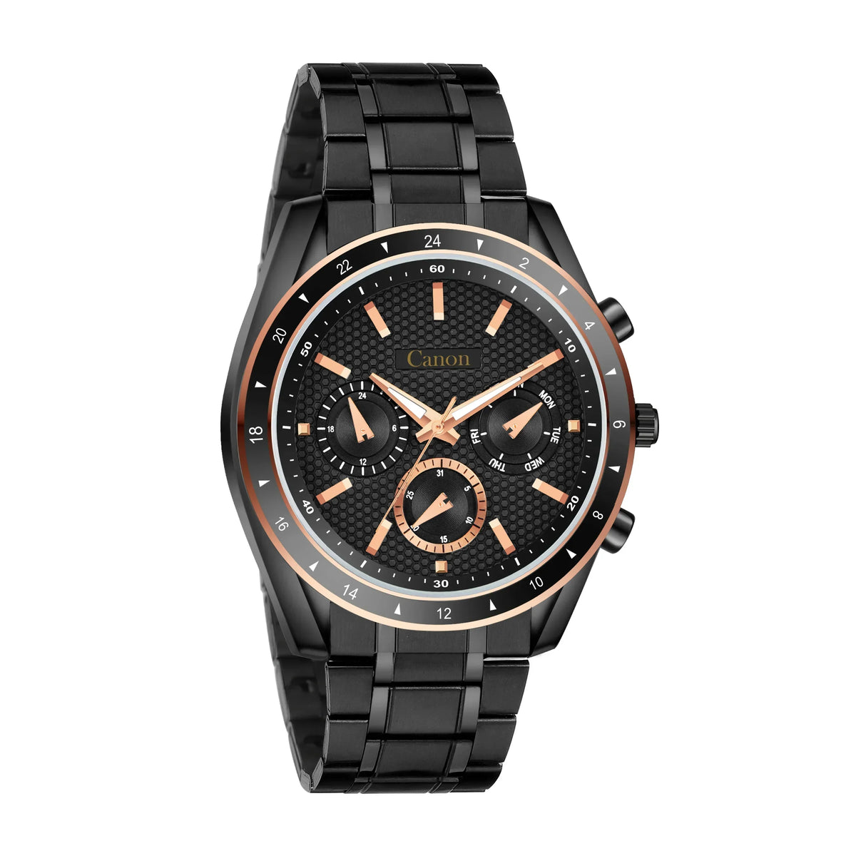 Men's black stainless steel analog watch with rose gold accents and chronograph display