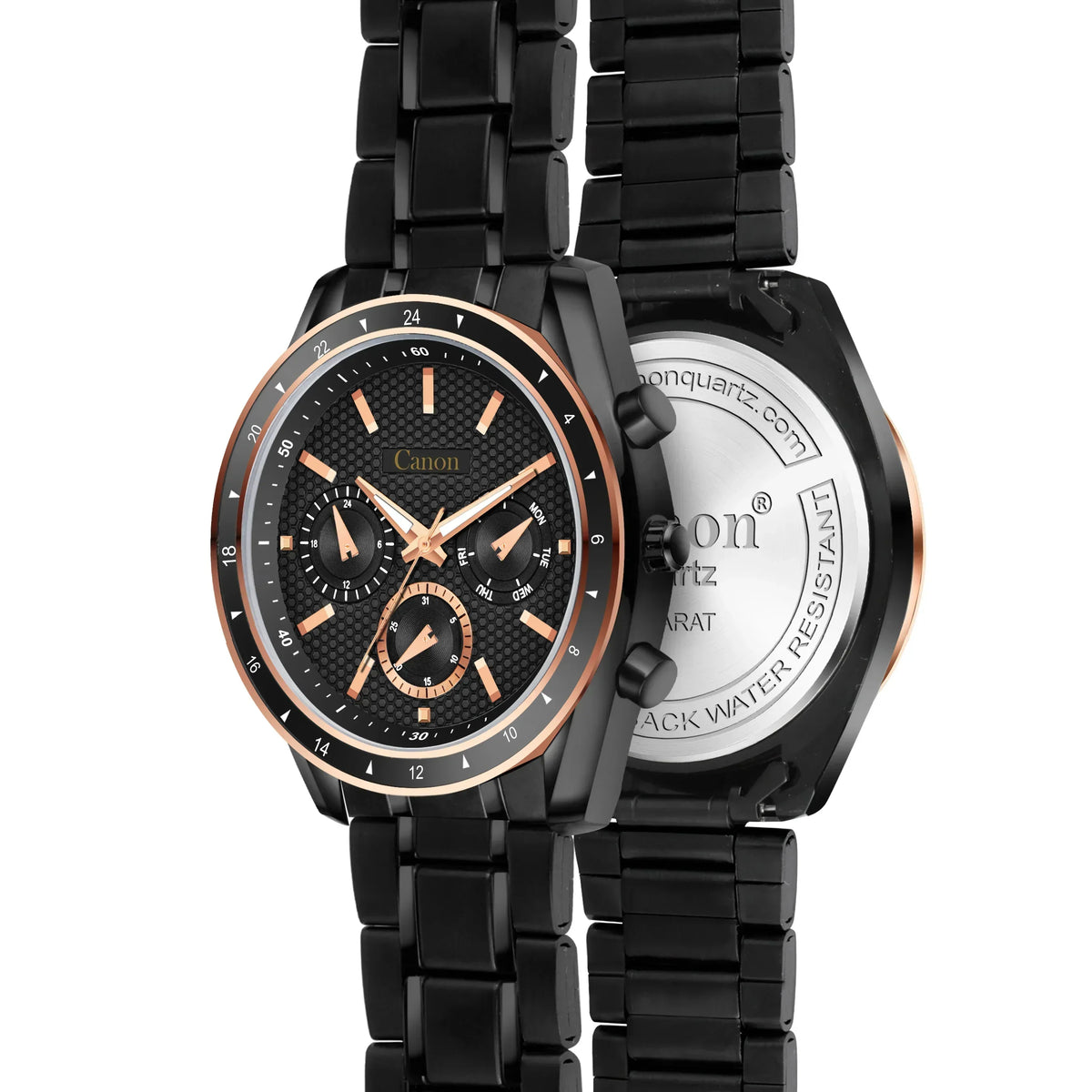 Black stainless steel analog watch with textured black dial, rose gold accents, and chronograph.