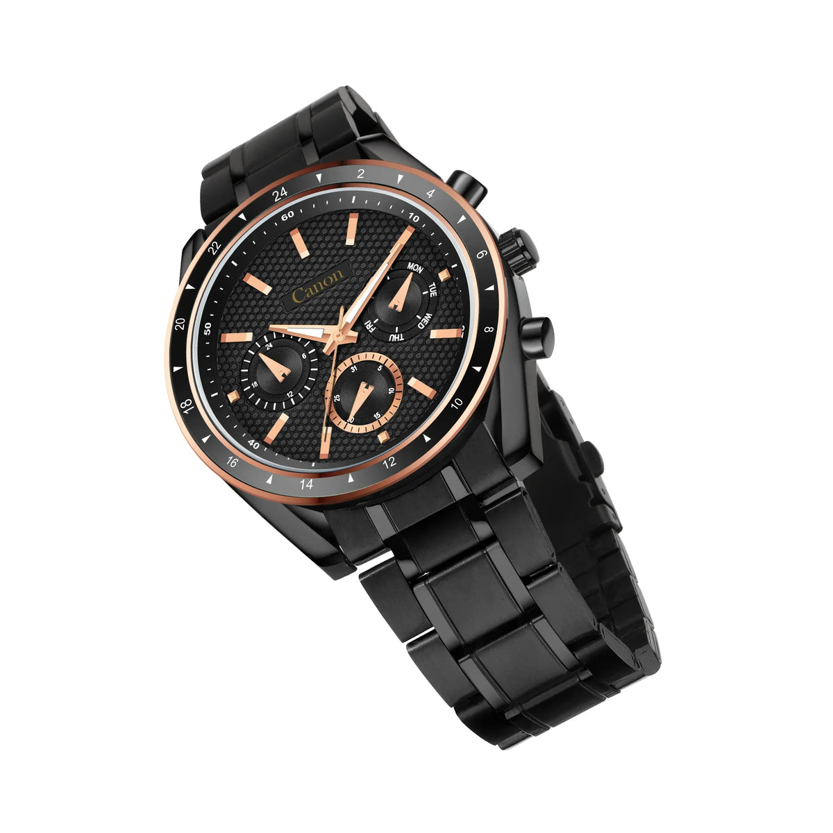Black analog men's watch with rose gold accents, date and day subdials on white background
