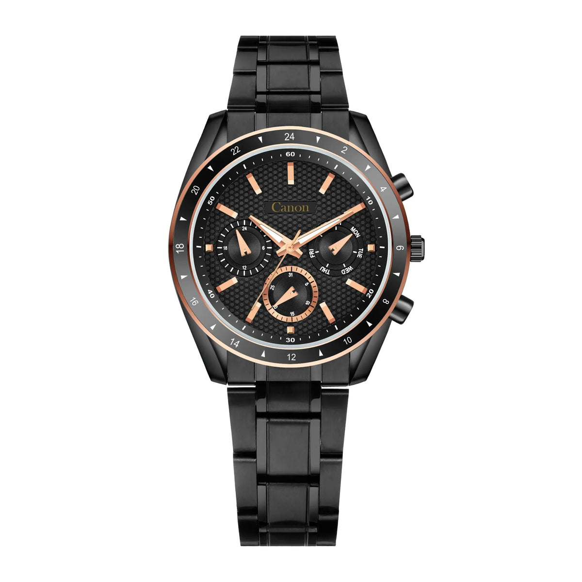 Men's black analog watch with rose gold accents, multi-dial face, and stainless steel band