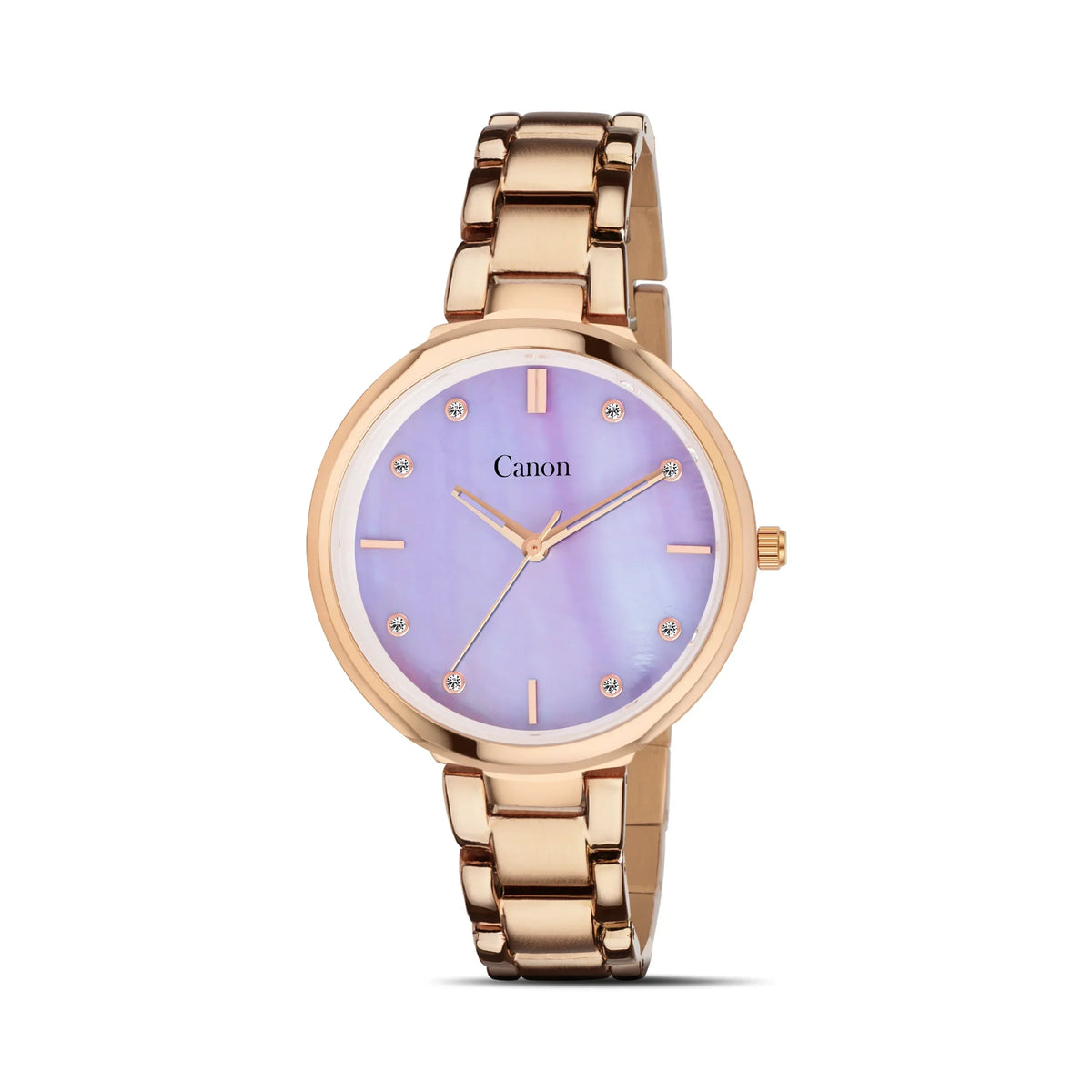 Women's gold analog watch with a purple mother of pearl dial and crystal hour markers