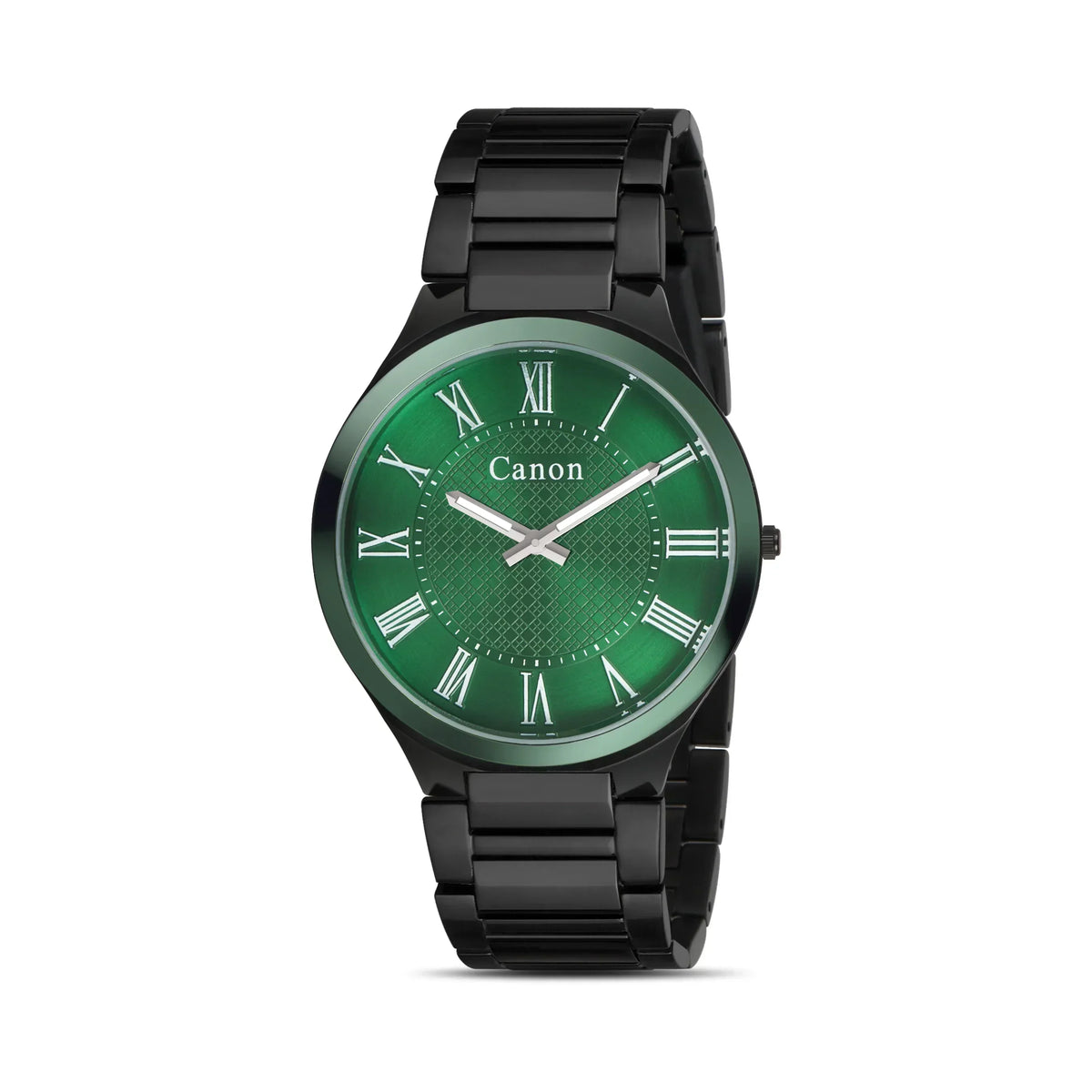 Green dial analog watch with black metal band and Roman numerals