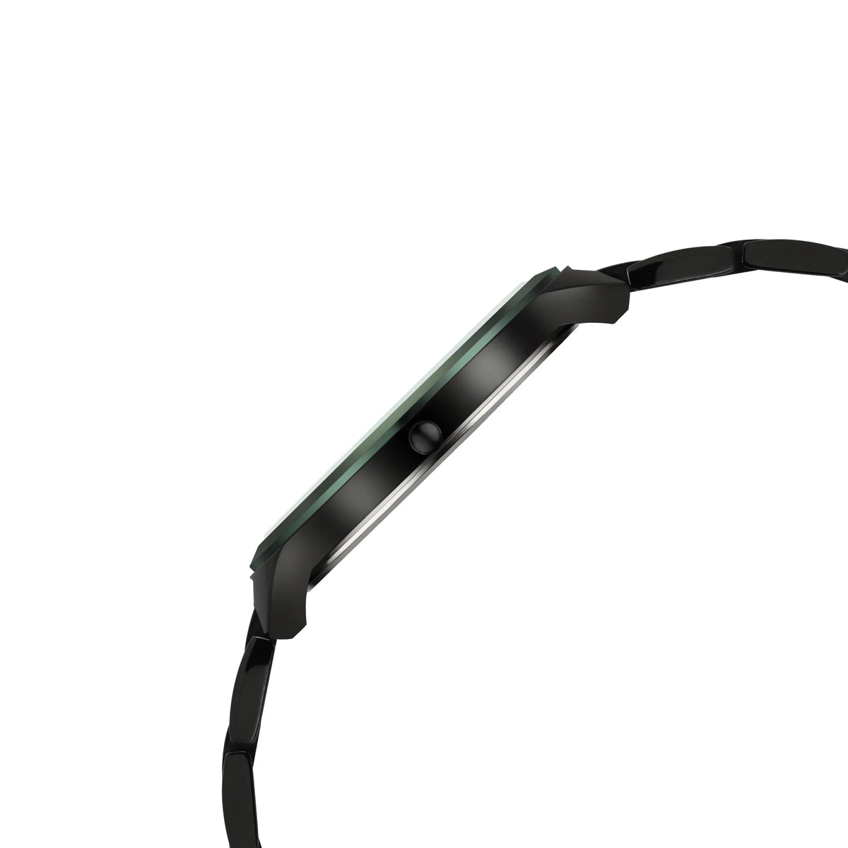 Black analog watch with sleek metal band and green-tinted crystal, showcasing premium craftsmanship.