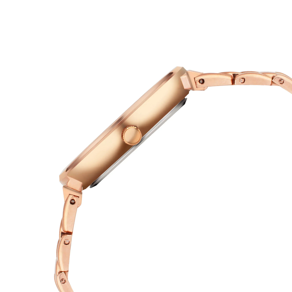 Side view of a rose gold analog watch with metal link band on white background