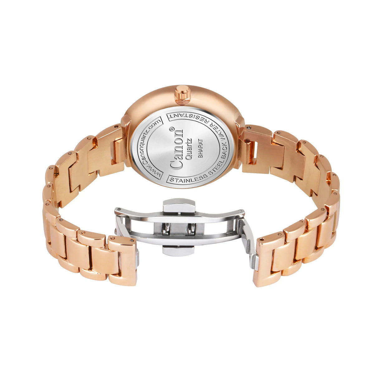 Back view of rose gold analog watch with stainless steel bracelet and clasp