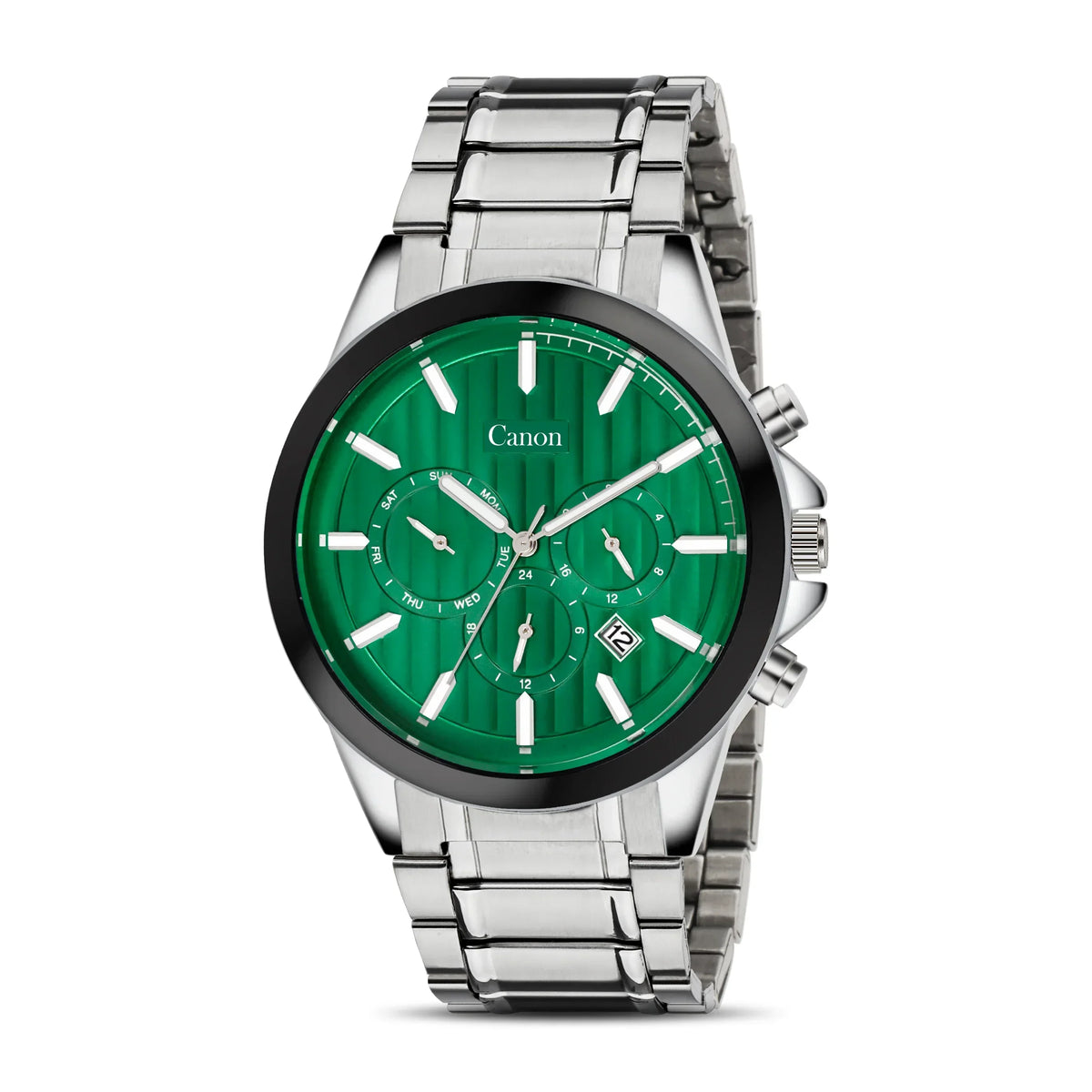 Men's silver stainless steel analog watch with green dial, chronograph features, and date display
