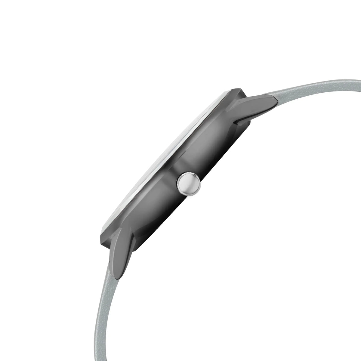 Slim analog watch side view with silver case and light grey strap